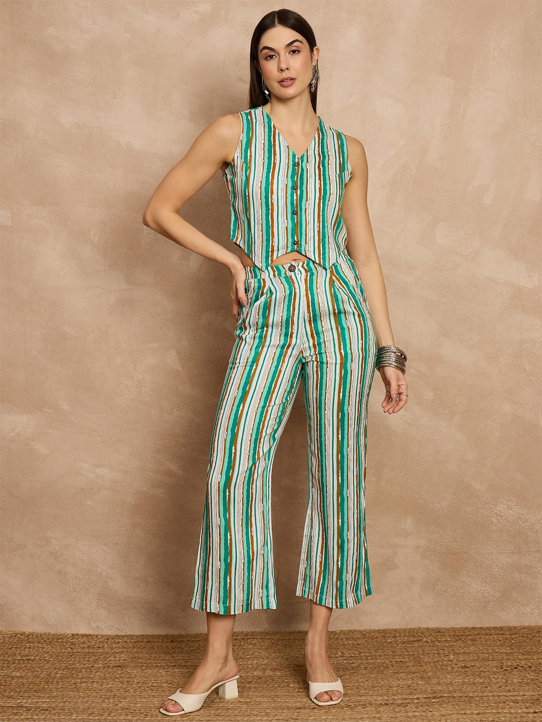 

all about you Striped V-Neck Sleeveless Waistcoat With Trouser, Green