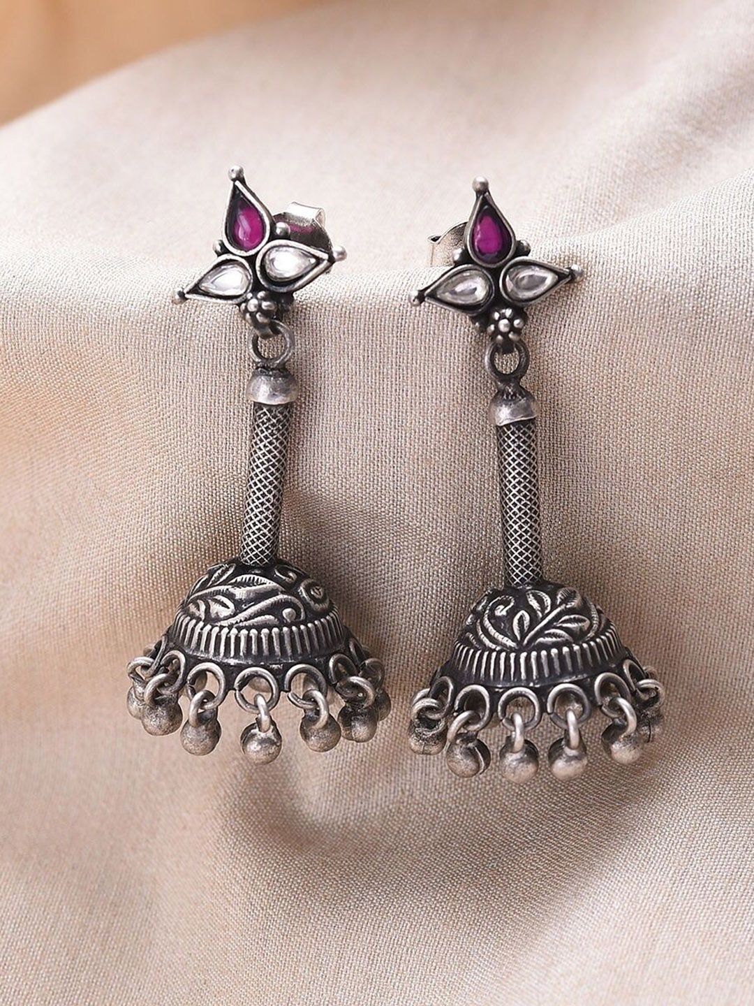 

JAYPORE Dome Shaped Stone Studded Jhumkas, Silver