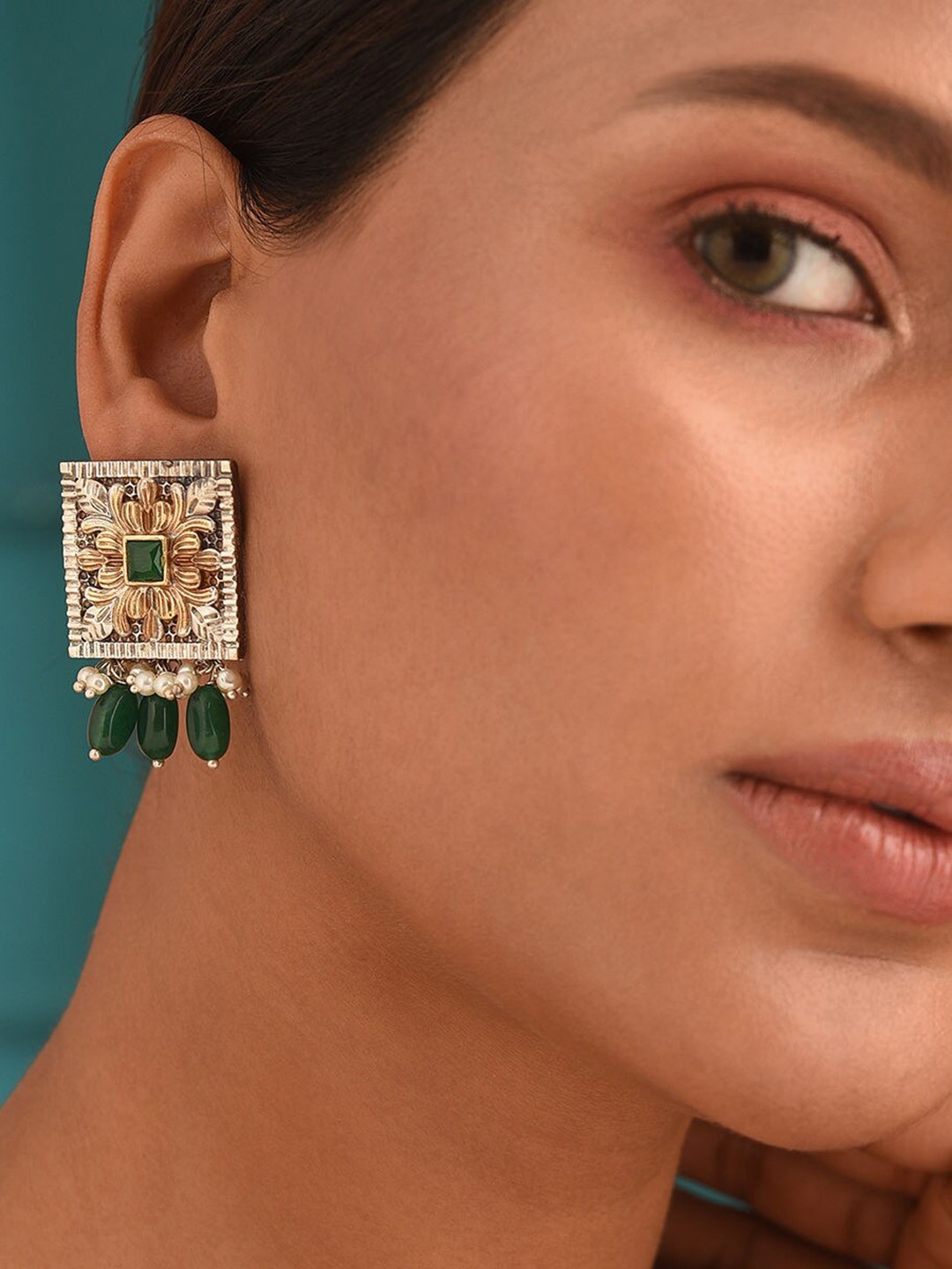 

JAYPORE Square Shaped Stone Studded Drop Earrings, Silver