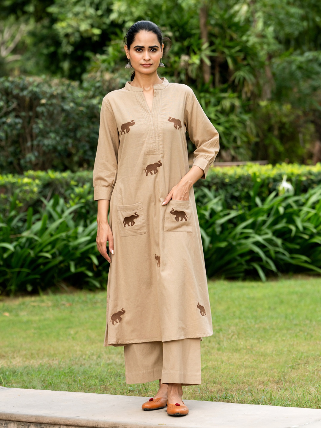 

KALINI Conversational Embroidered Mandarin Collar Pure Cotton A-Line Kurta With Palazzos, Coffee brown