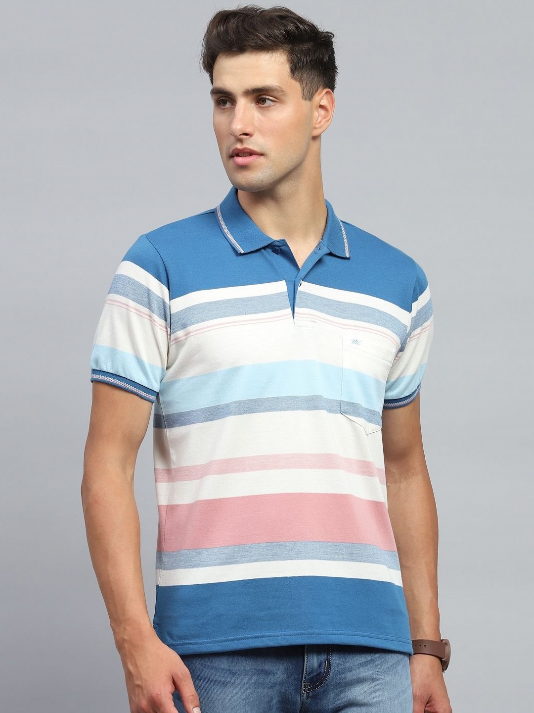 

Monte Carlo Men Striped Polo Collar Cotton T-shirt, Blue