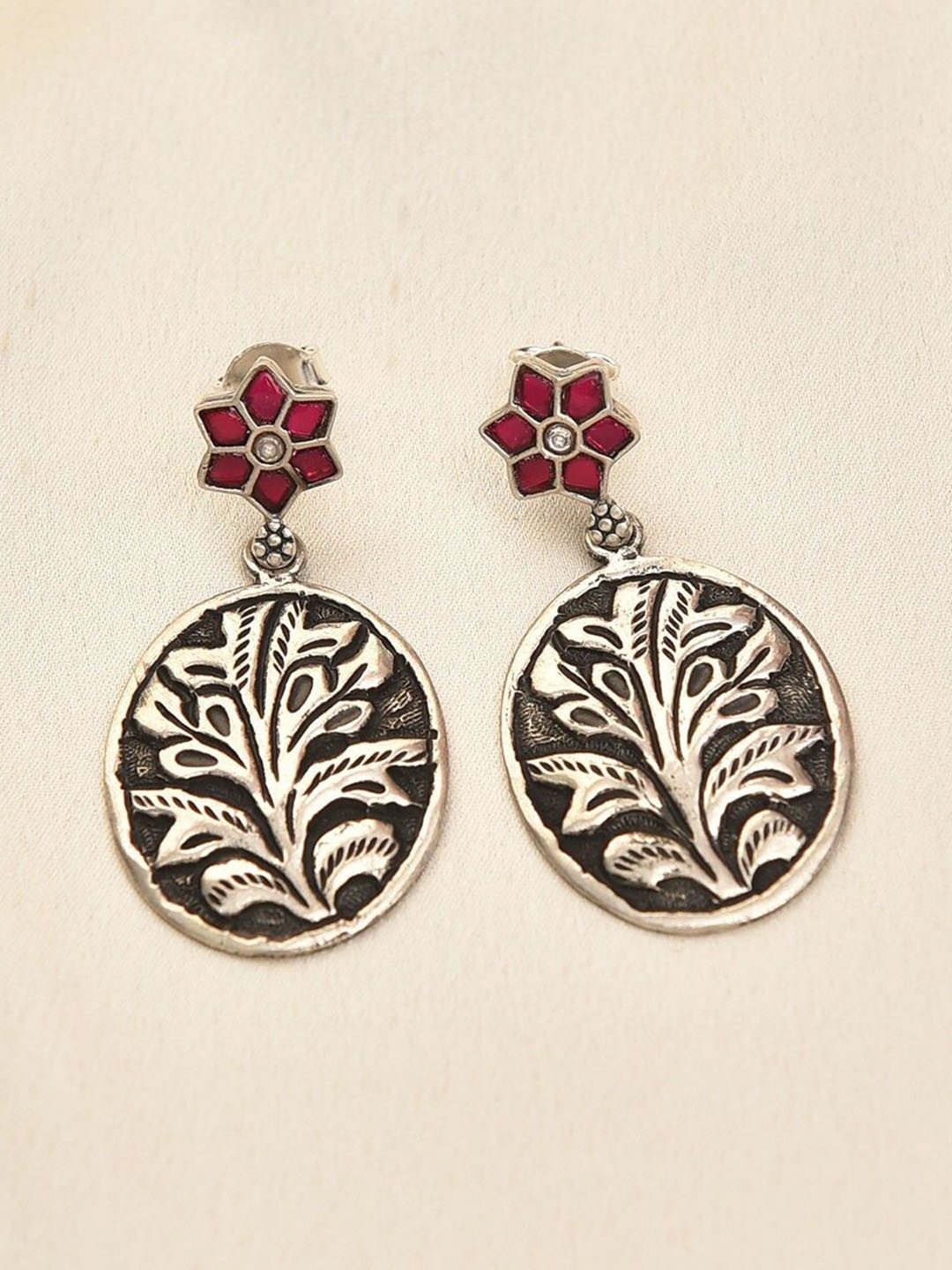 

JAYPORE Silver-Plated Oxidised Contemporary Drop Earrings