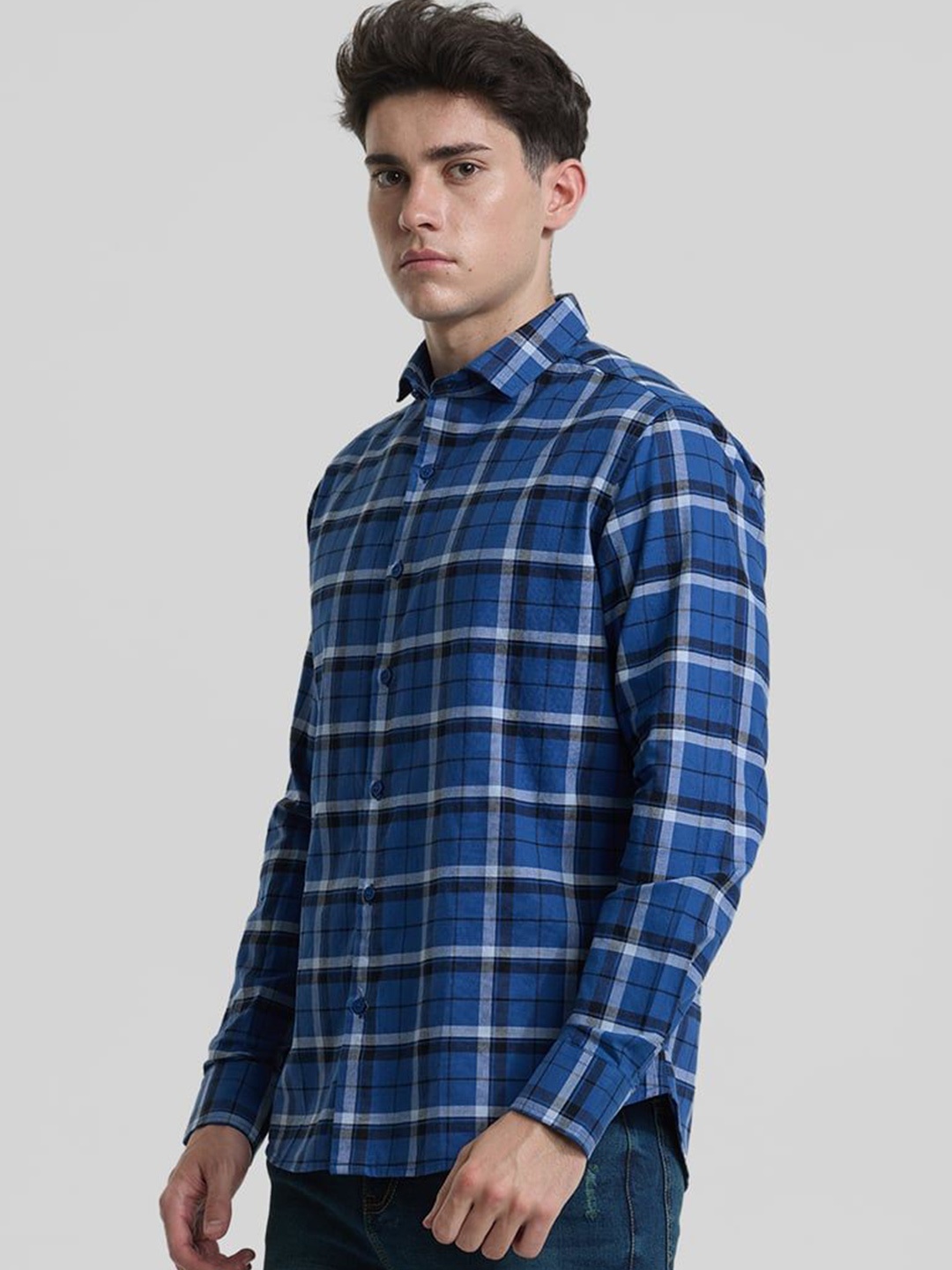 

Snitch Men Smart Spread Collar Checked Cotton Slim Fit Casual Shirt, Blue