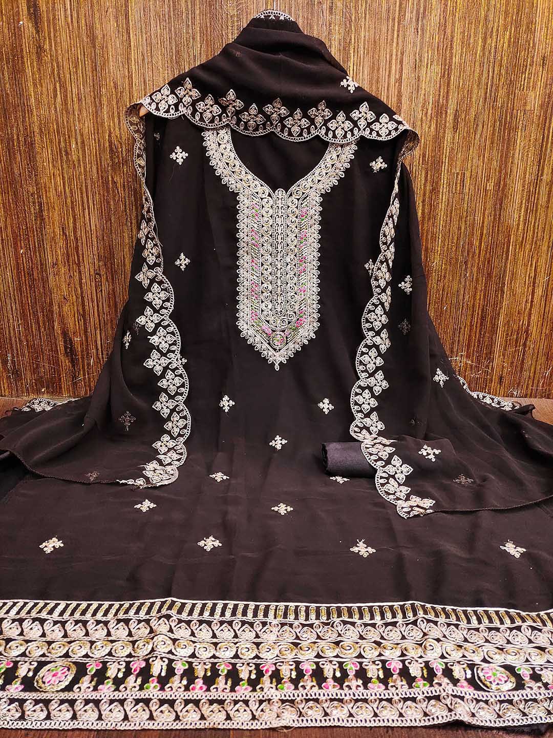

Maroosh Floral Embroidered Silk Georgette Zari Unstitched Dress Material, Brown