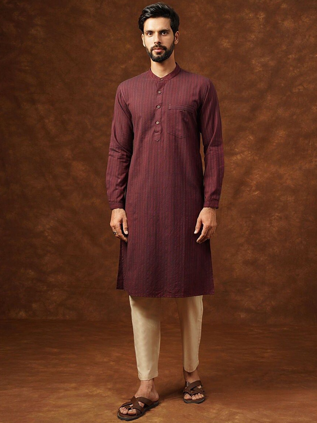 

JAYPORE Striped Band Collar Pure Cotton Straight Kurta, Maroon
