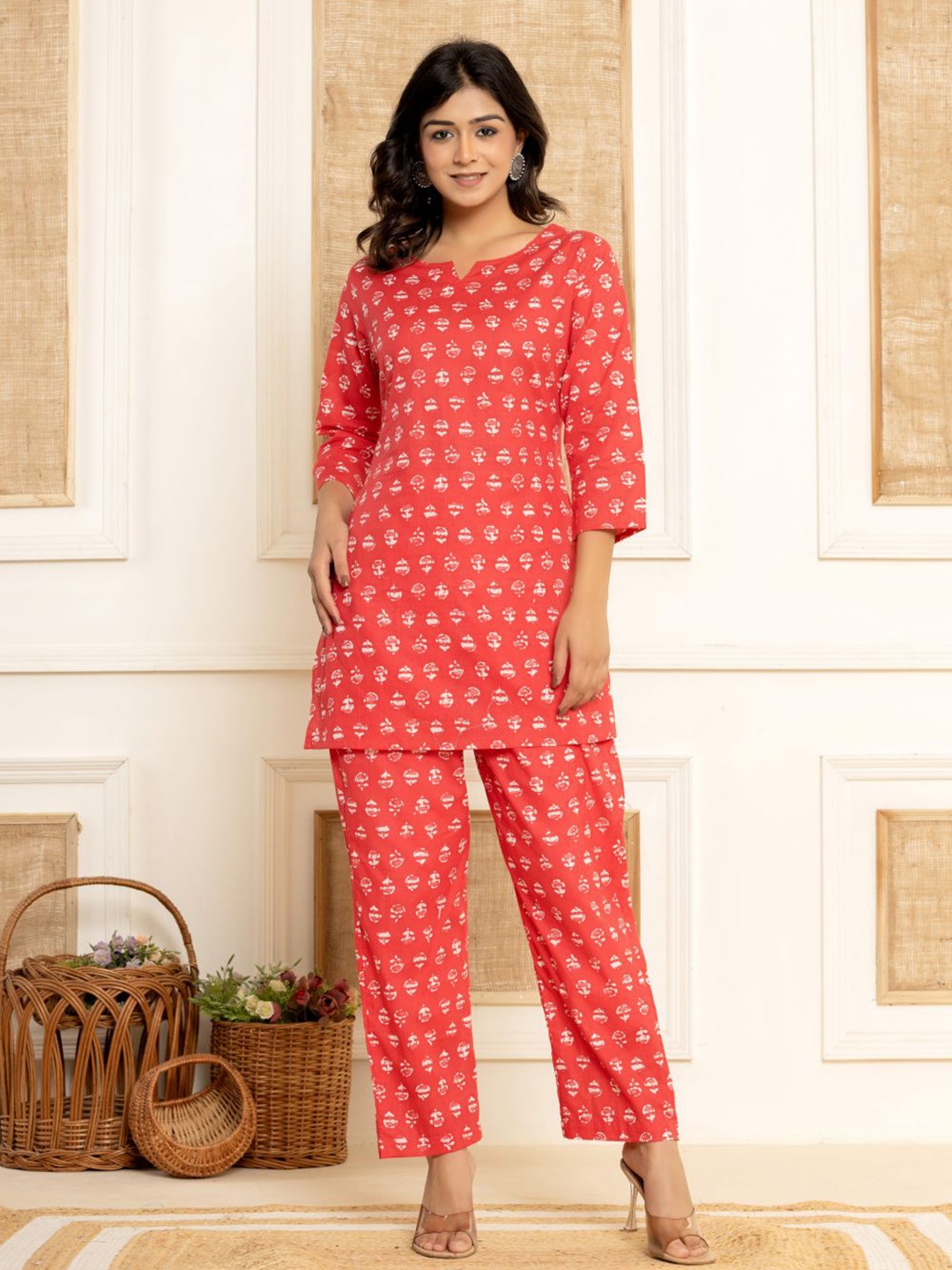 

DHANOTA Women Printed Pure Cotton Top With Trousers Co-Ords, Coral