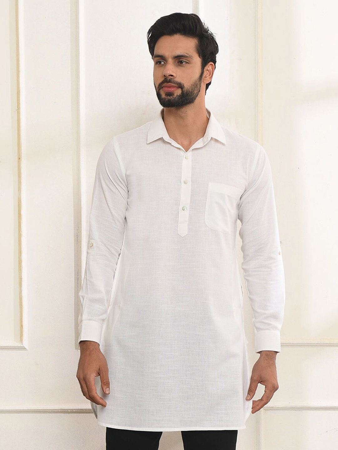 

JAYPORE Shirt Collar Pure Cotton Straight Kurta, Off white