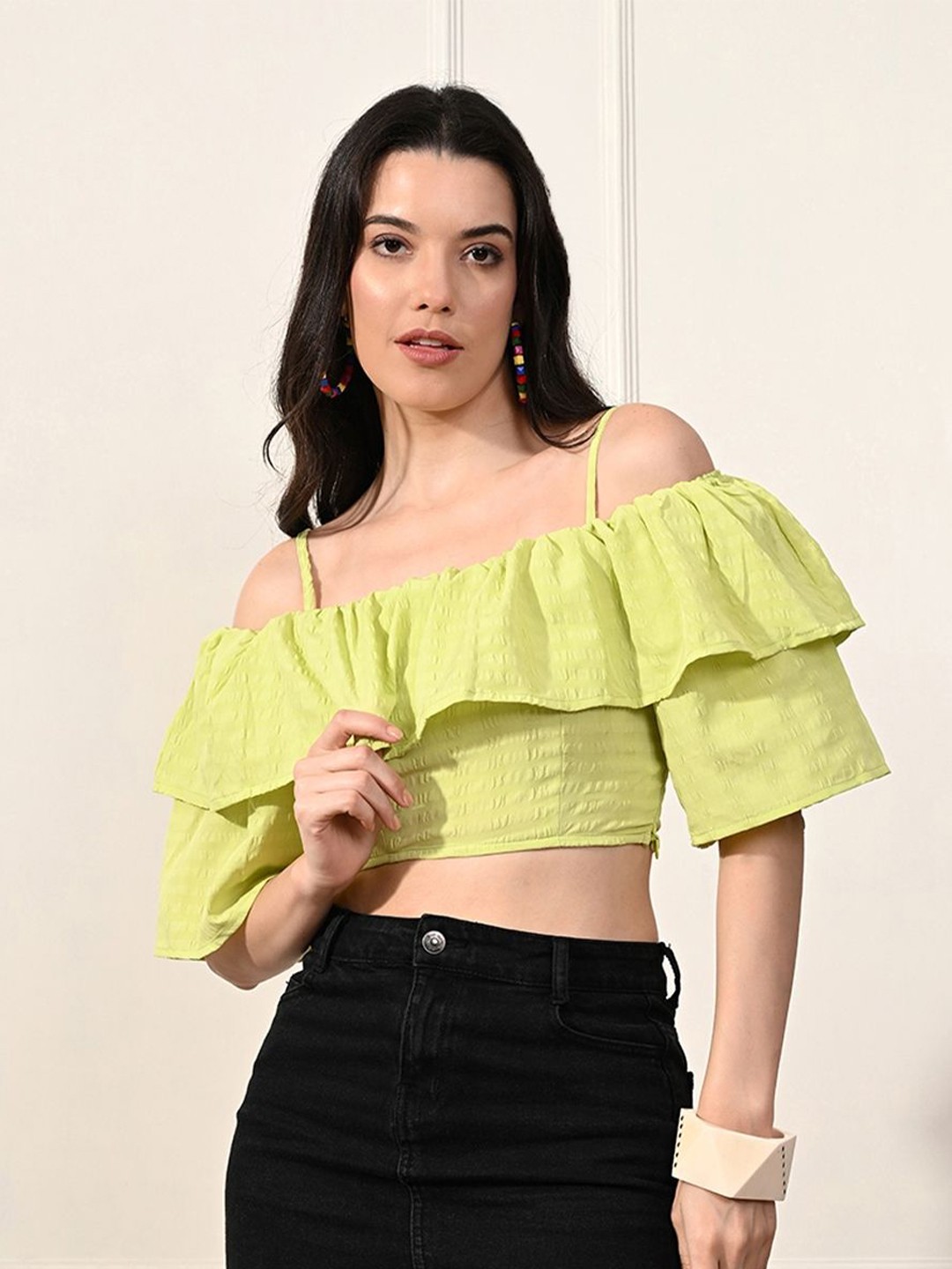 

PRETTY LOVING THING Women Off-Shoulder Bardot Crop Top, Lime green