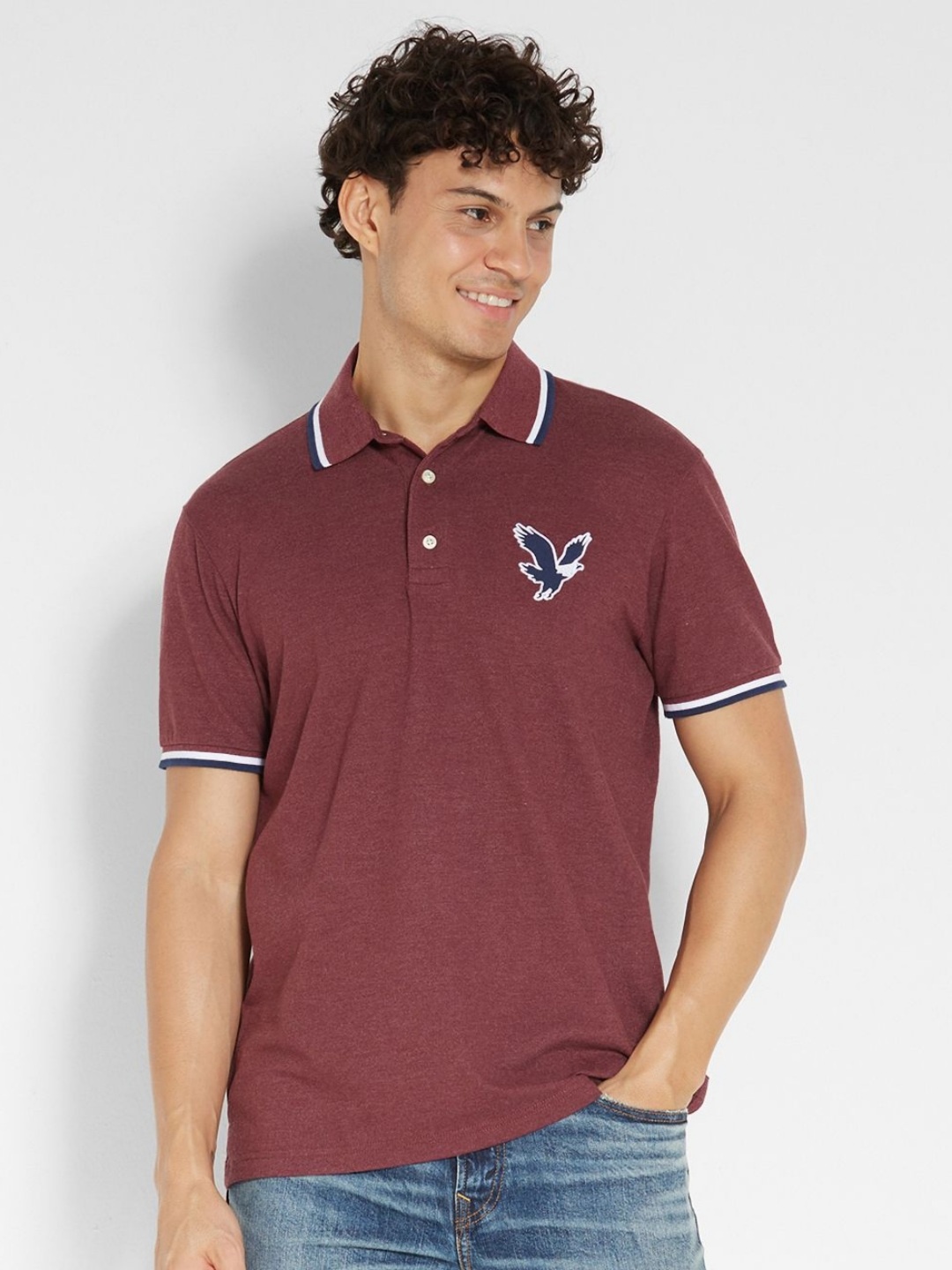 

AMERICAN EAGLE OUTFITTERS Men Solid Polo Collar Cotton T-shirt, Maroon