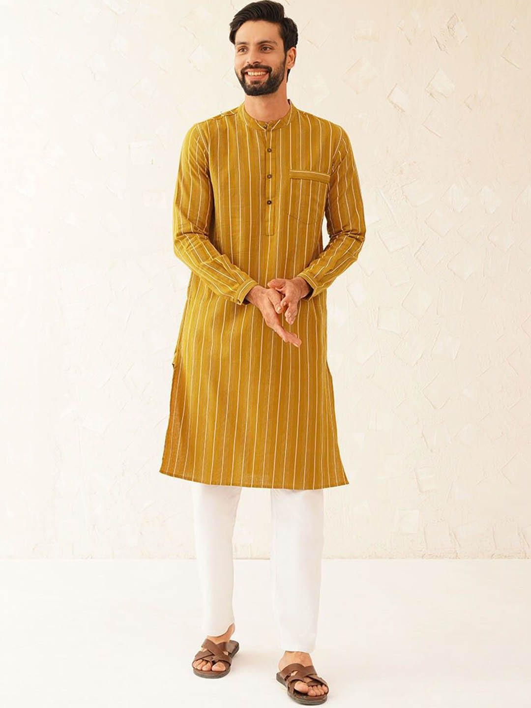 

JAYPORE Striped Woven Design Band Collar Cotton Straight Kurta, Mustard