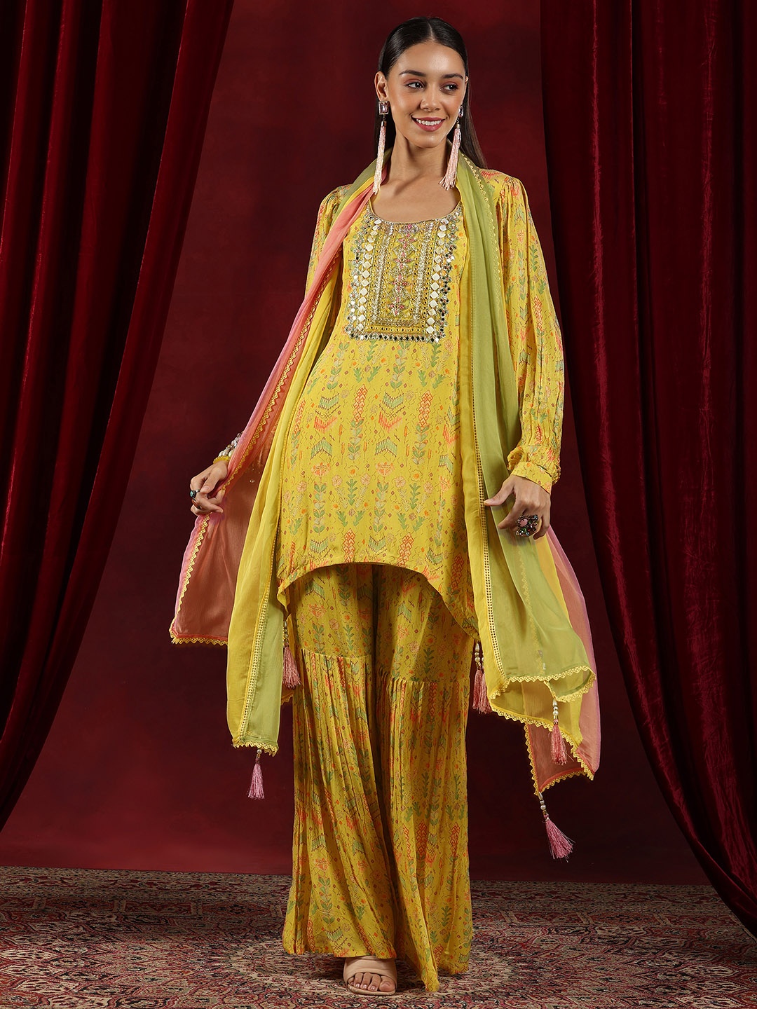 

Libas Art Ethnic Motifs Beads and Stones Asymmetric Straight Kurta With Sharara & Dupatta, Yellow