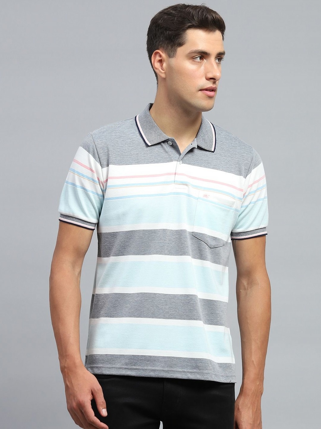 

Monte Carlo Men Striped Polo Collar Cotton T-shirt, Blue
