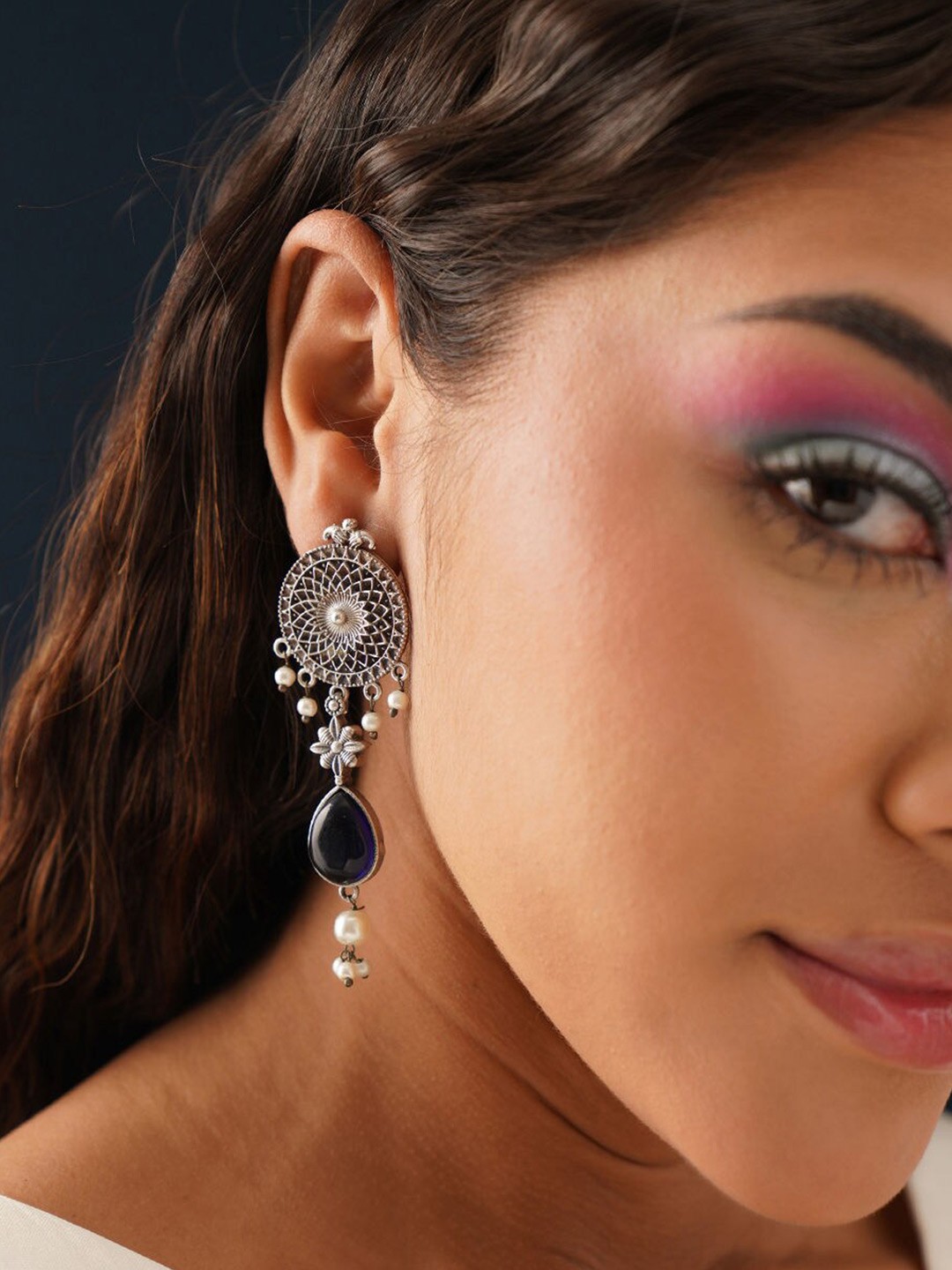 

JAYPORE Stone Studded & Beaded Contemporary Drop Earrings, Silver