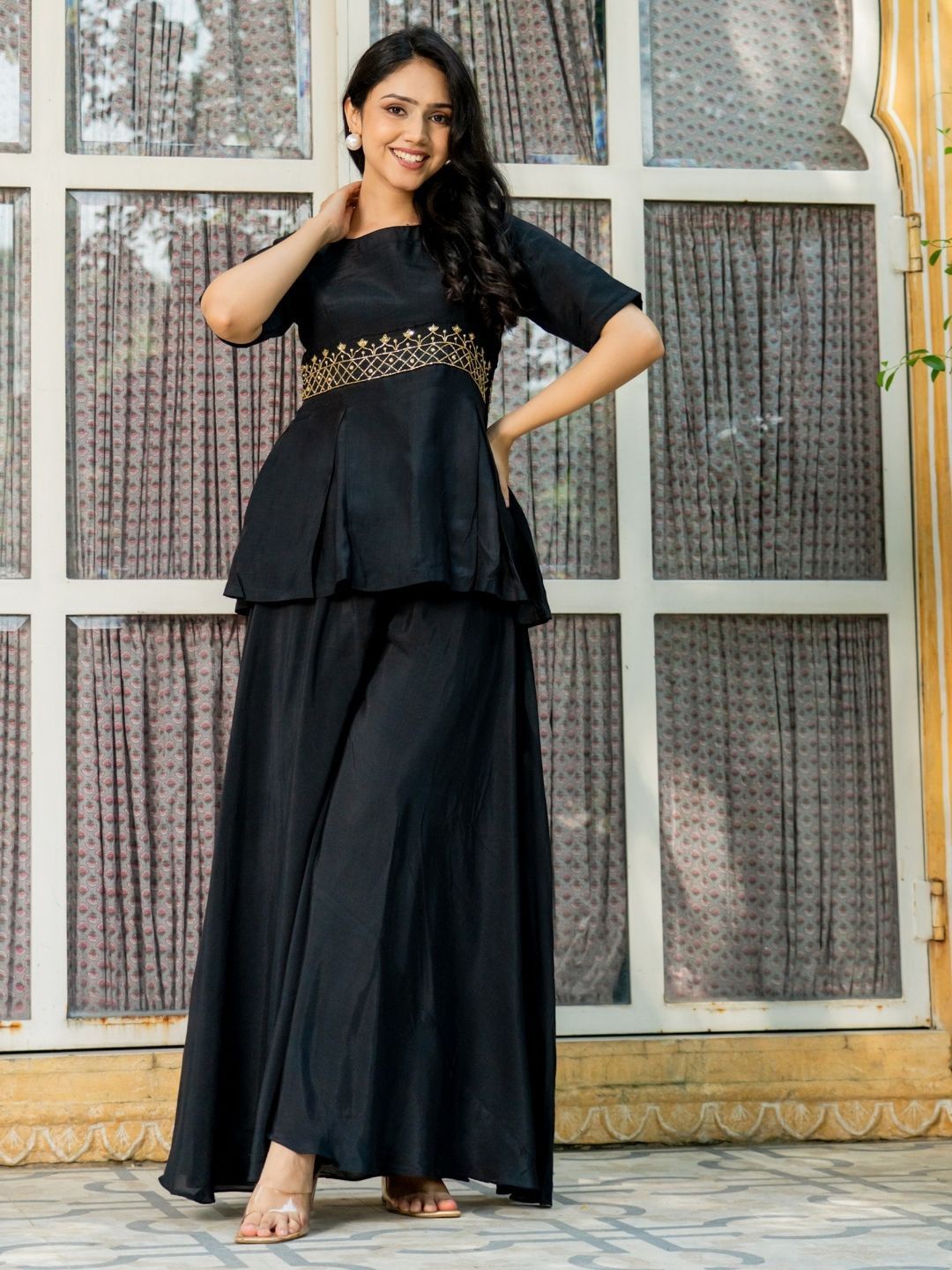 

HOUSE OF JAMOTI Round Neck Kurti With Sharara, Black