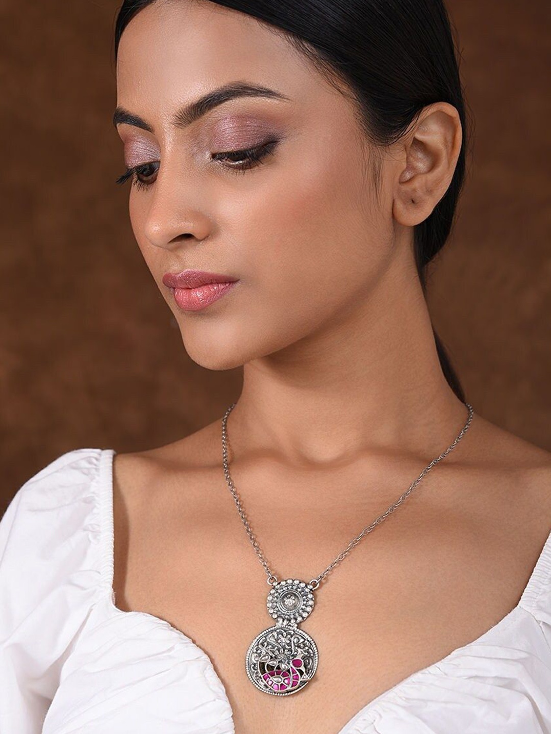 

JAYPORE Silver Faux Ruby Necklace