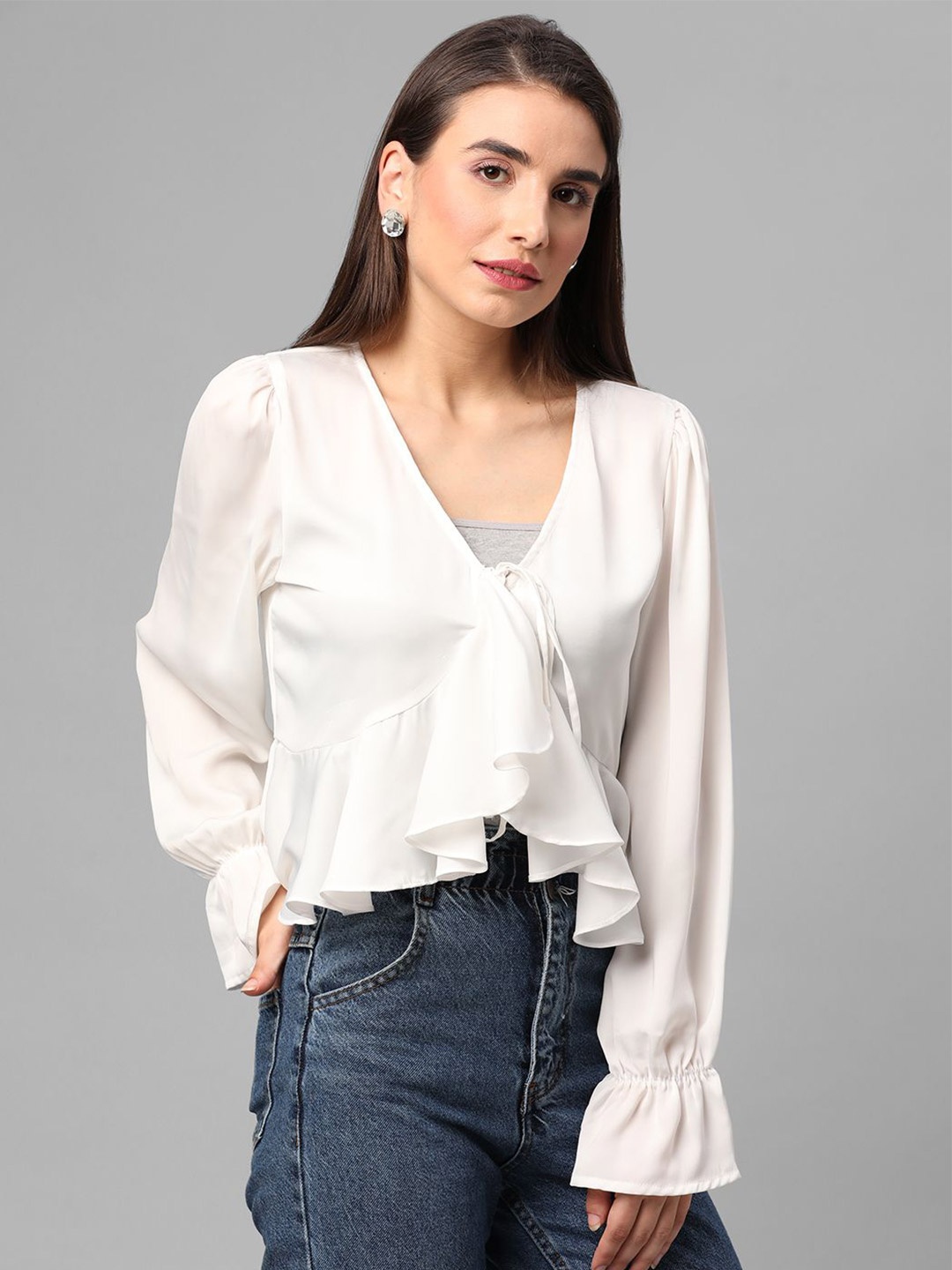 

JUNE & HARRY Bell Sleeve Satin Top, White