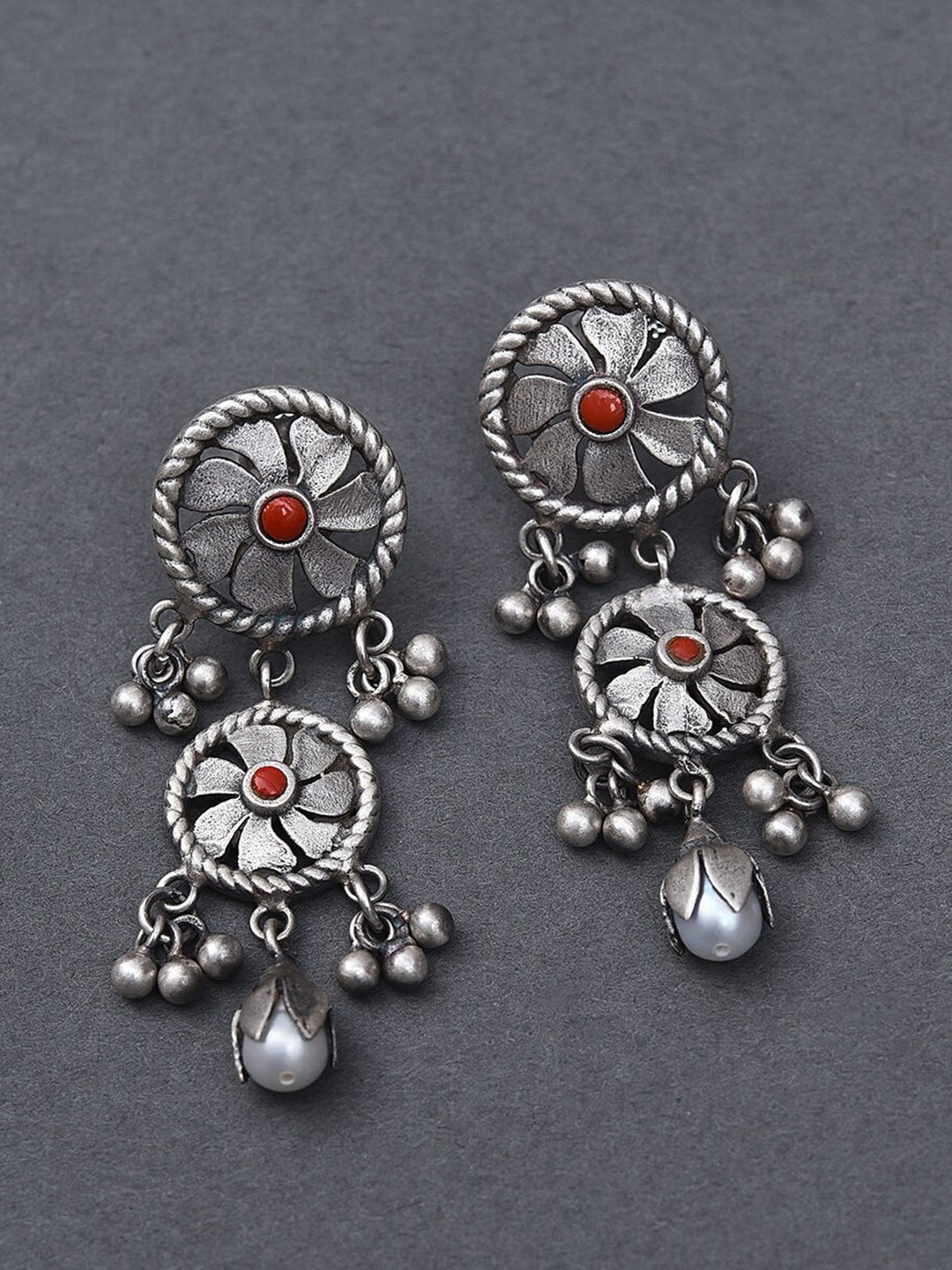 

JAYPORE Contemporary Coral Jhumkas Earrings, Silver