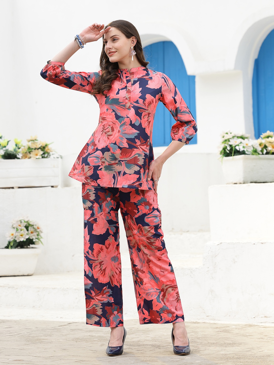 

HERE&NOW Floral Printed Mandarin Collar Top With Palazzo, Blue