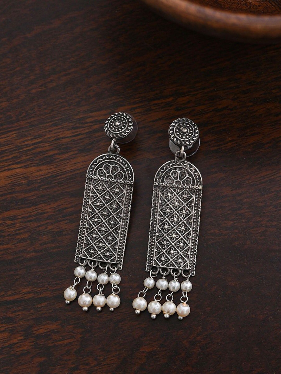 

JAYPORE Beaded Contemporary Oxidised Drop Earrings, Silver