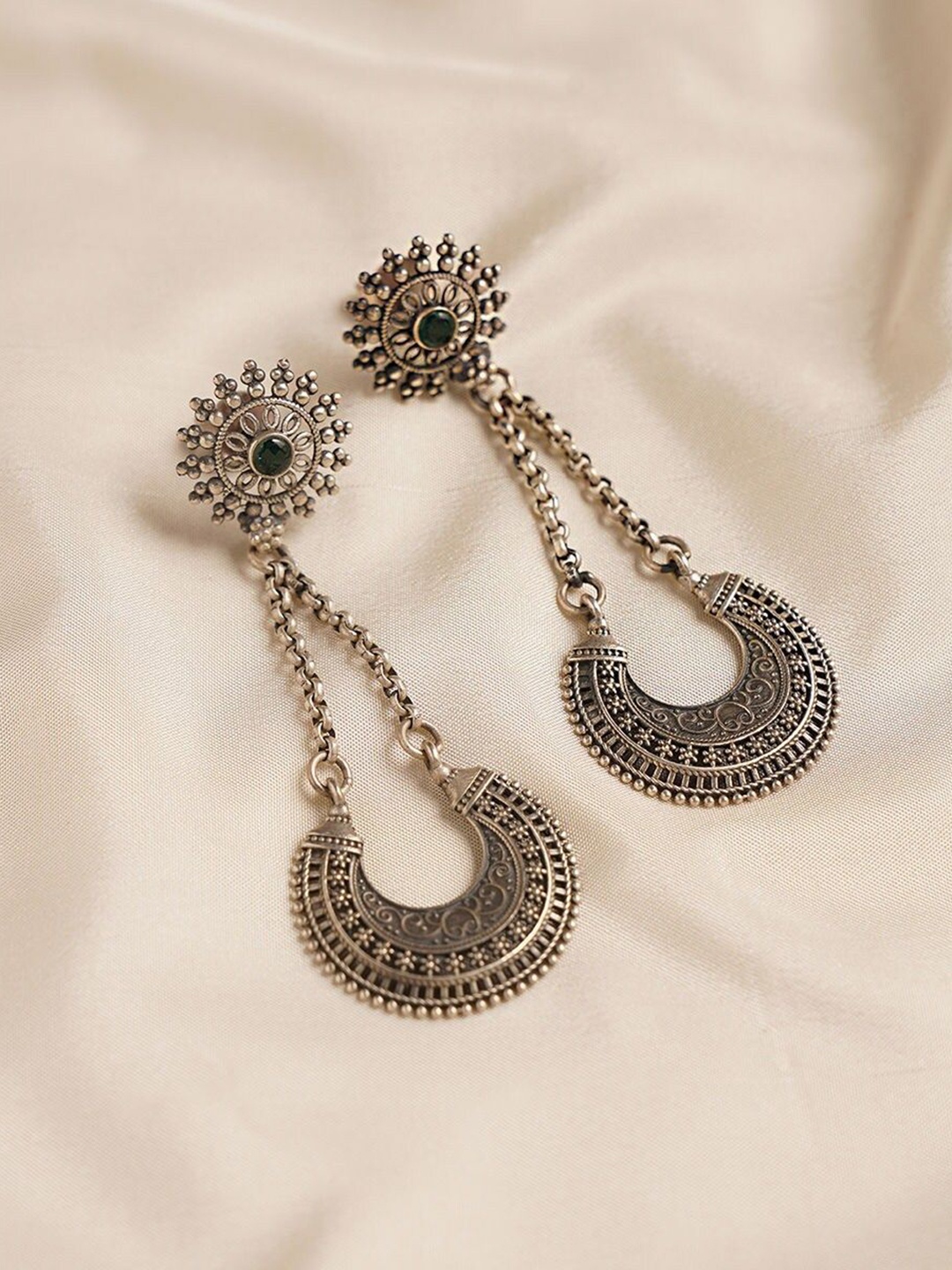 

JAYPORE Contemporary Silver Stone Studded Drop Earrings