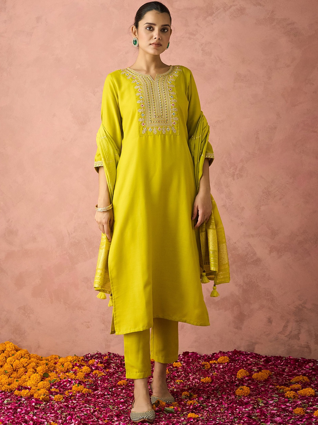 

KALINI Ethnic Motifs Embroidered Sequinned Straight Kurta With Trouser & Dupatta, Lime green