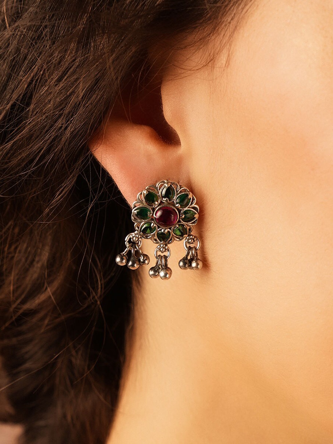 

JAYPORE Pure Silver Chalcedony Studded Contemporary Oxidised Drop Earrings