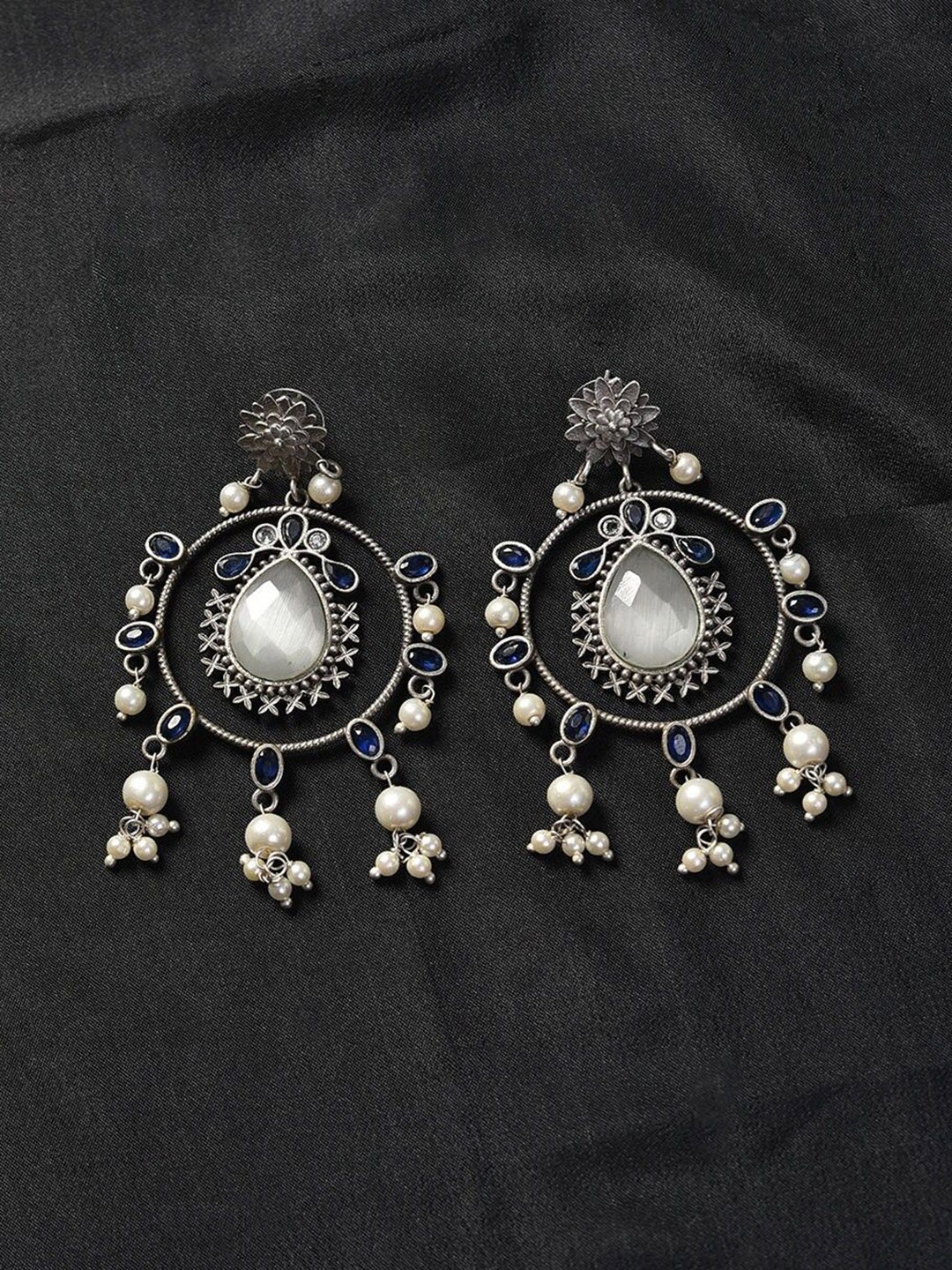 

JAYPORE Stone Studded & Beaded Contemporary Drop Earrings, Silver