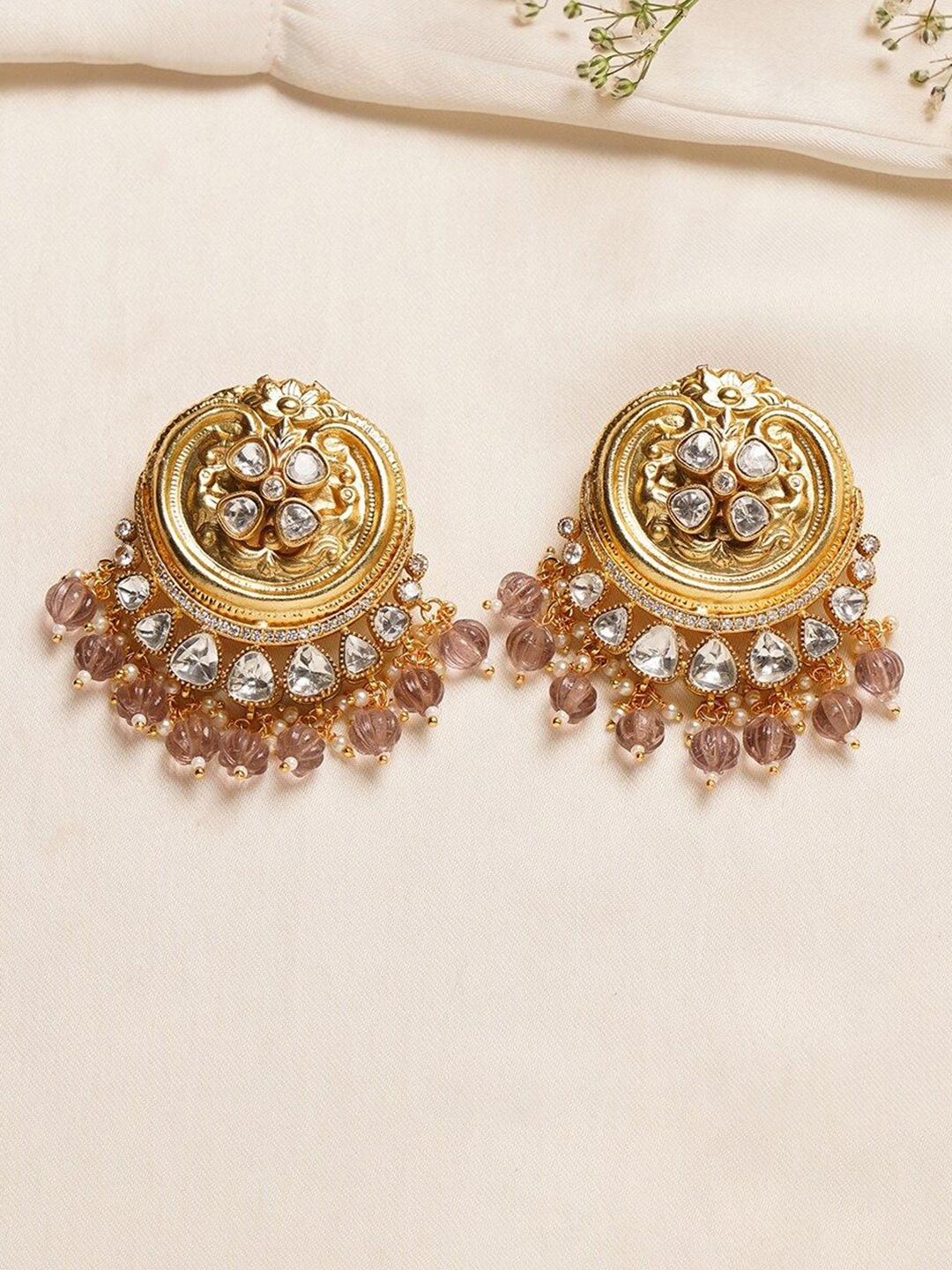

JAYPORE Stone Studded Contemporary Drop Earrings, Gold