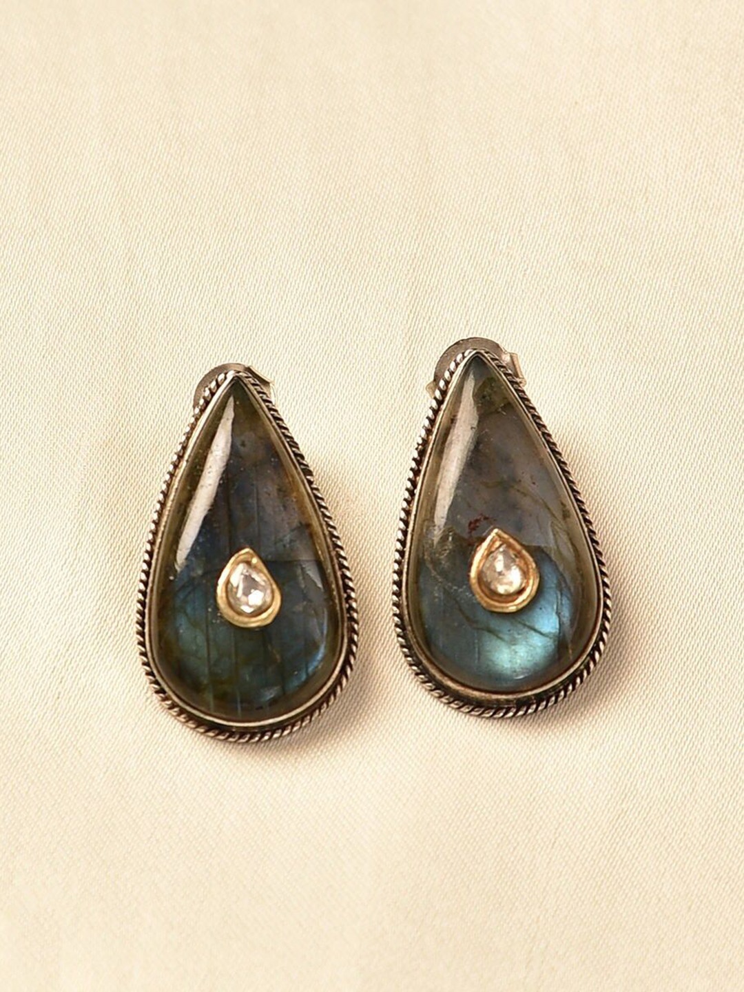 

JAYPORE Gold-Plated Teardrop Shaped Silver Kundan Studded Studs, Green