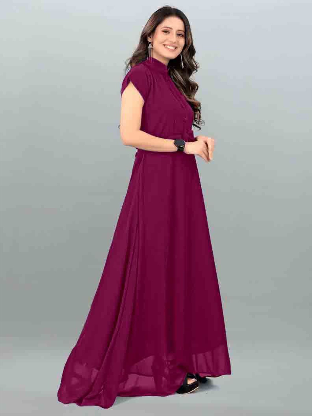 

Krunal Raiyani Solid Georgette Maxi Dress With Bow Style, Magenta