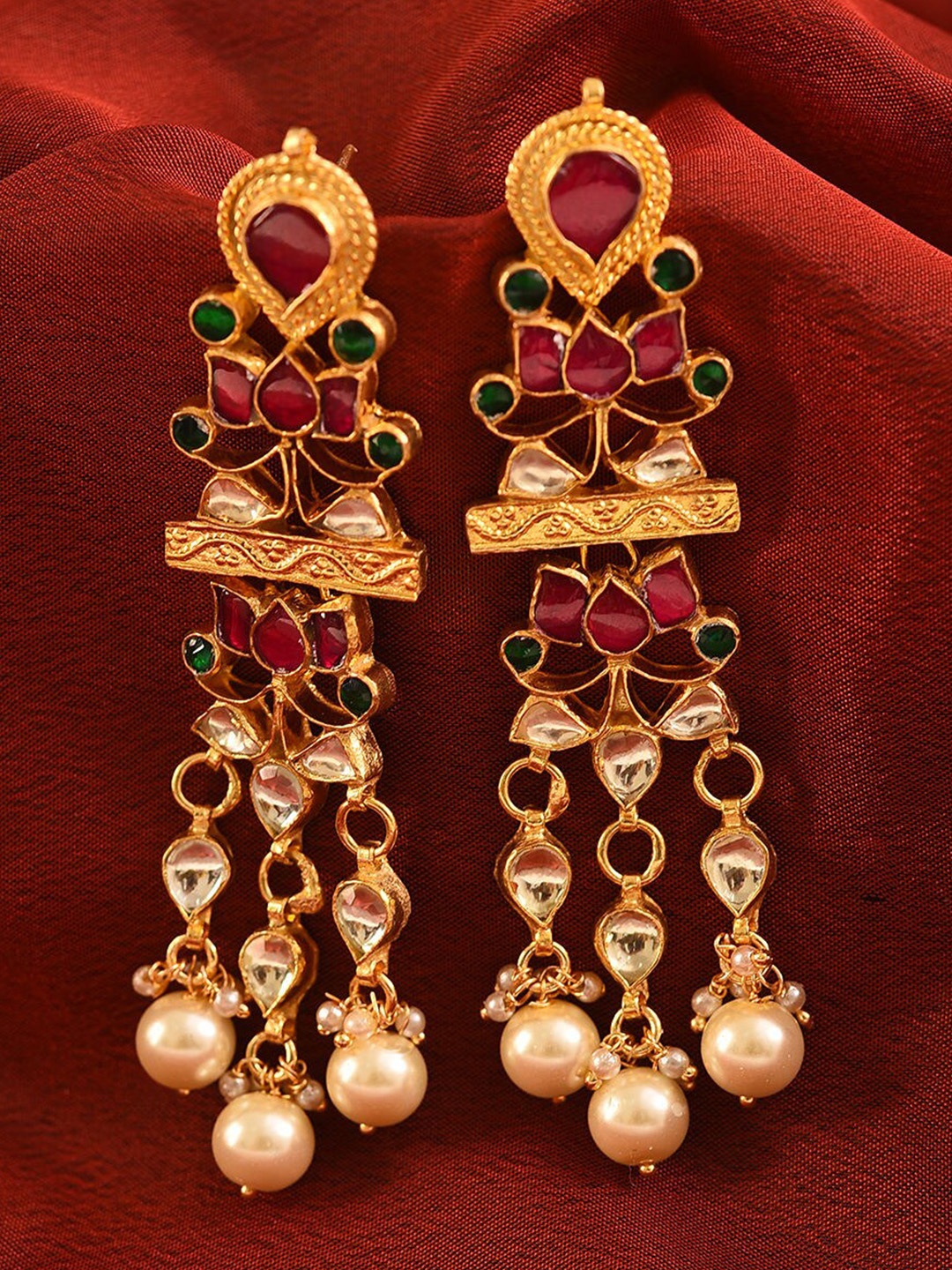 

JAYPORE Contemporary Silver Stone Studded & Beaded Drop Earrings