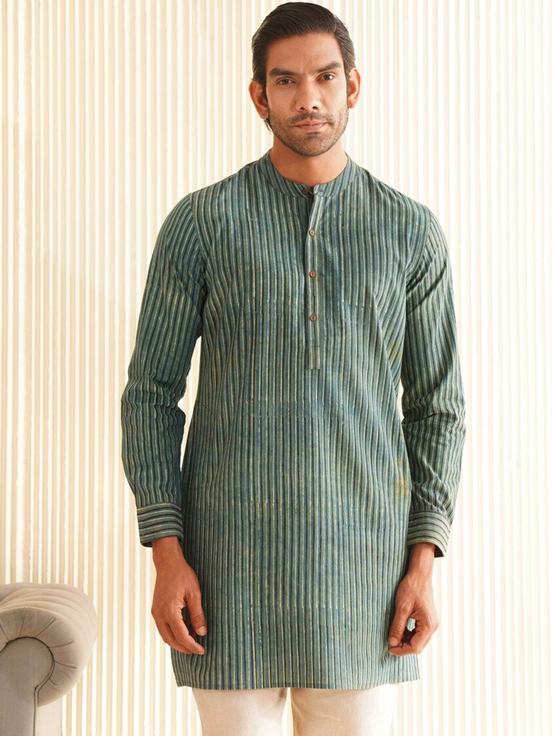 

JAYPORE Striped Band Collar Pure Cotton Straight Kurta, Blue