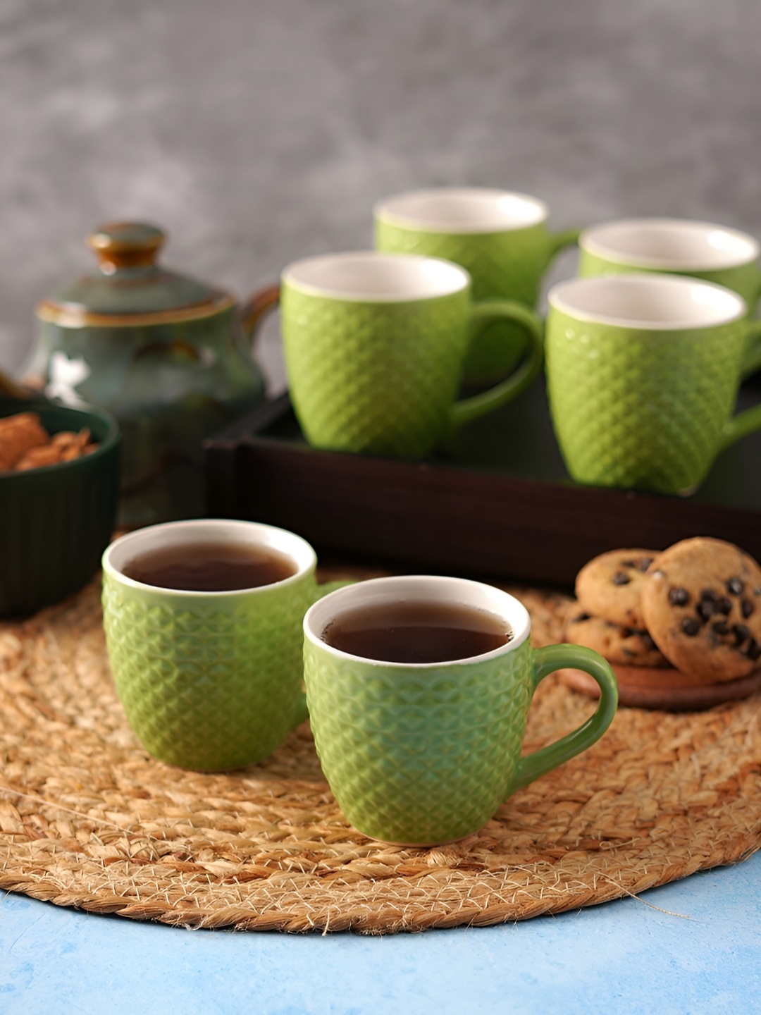 

Aura Green & White 6 Pieces Printed Ceramic Glossy Cups Set of Cups and Mugs 150 ml