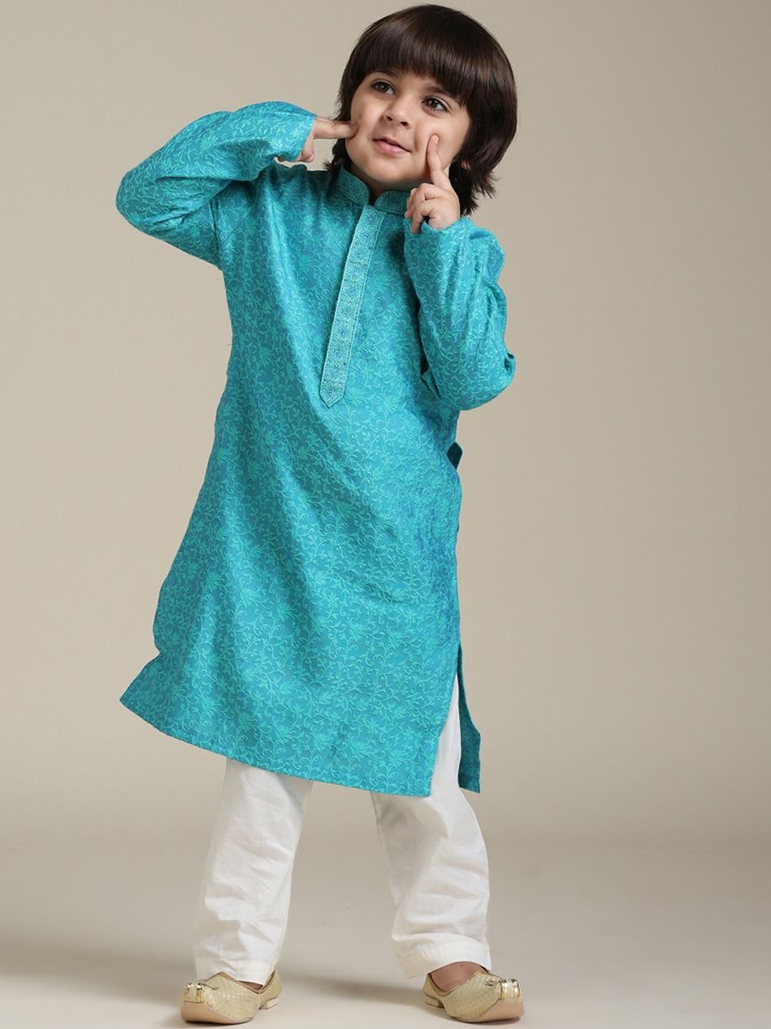 

Manyavar Boys Floral Printed Regular Thread Work Straight Kurta with Pyjamas, Blue