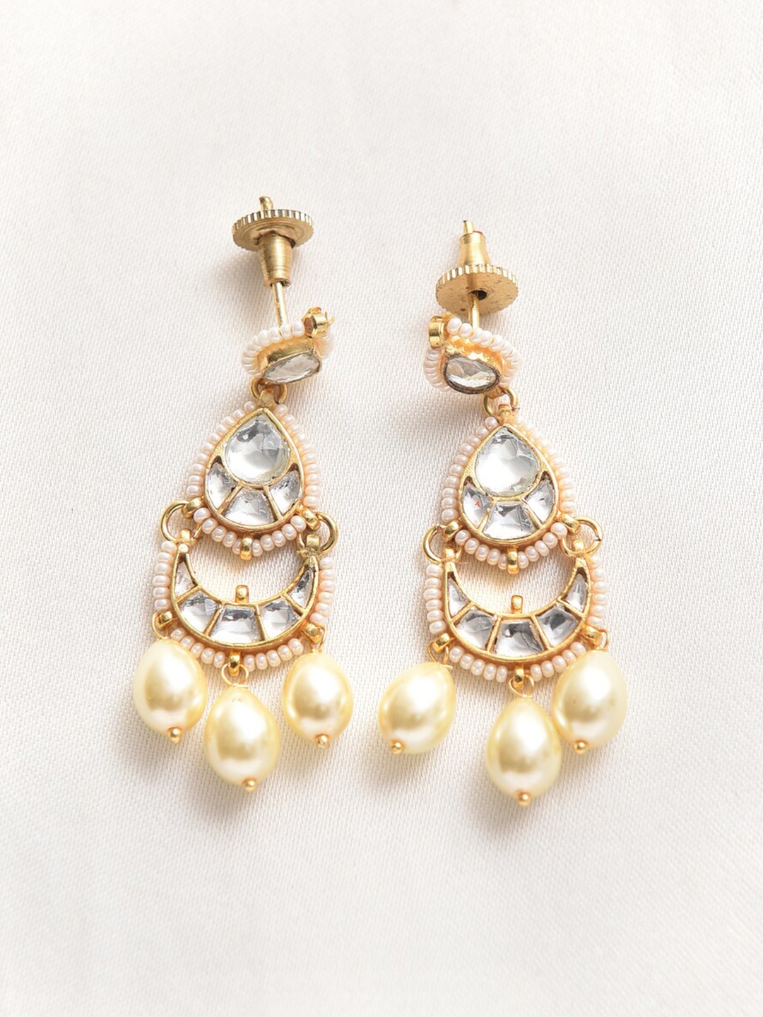 

JAYPORE Stone Studded & Beaded Contemporary Drop Earrings, Gold