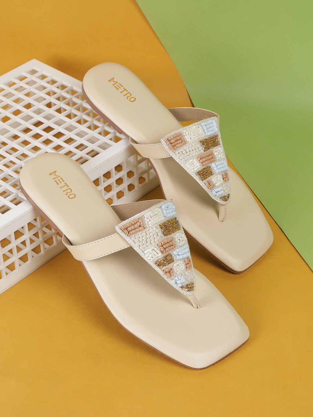 

Metro Women Embellished Open Toe Flats with Bows, Beige
