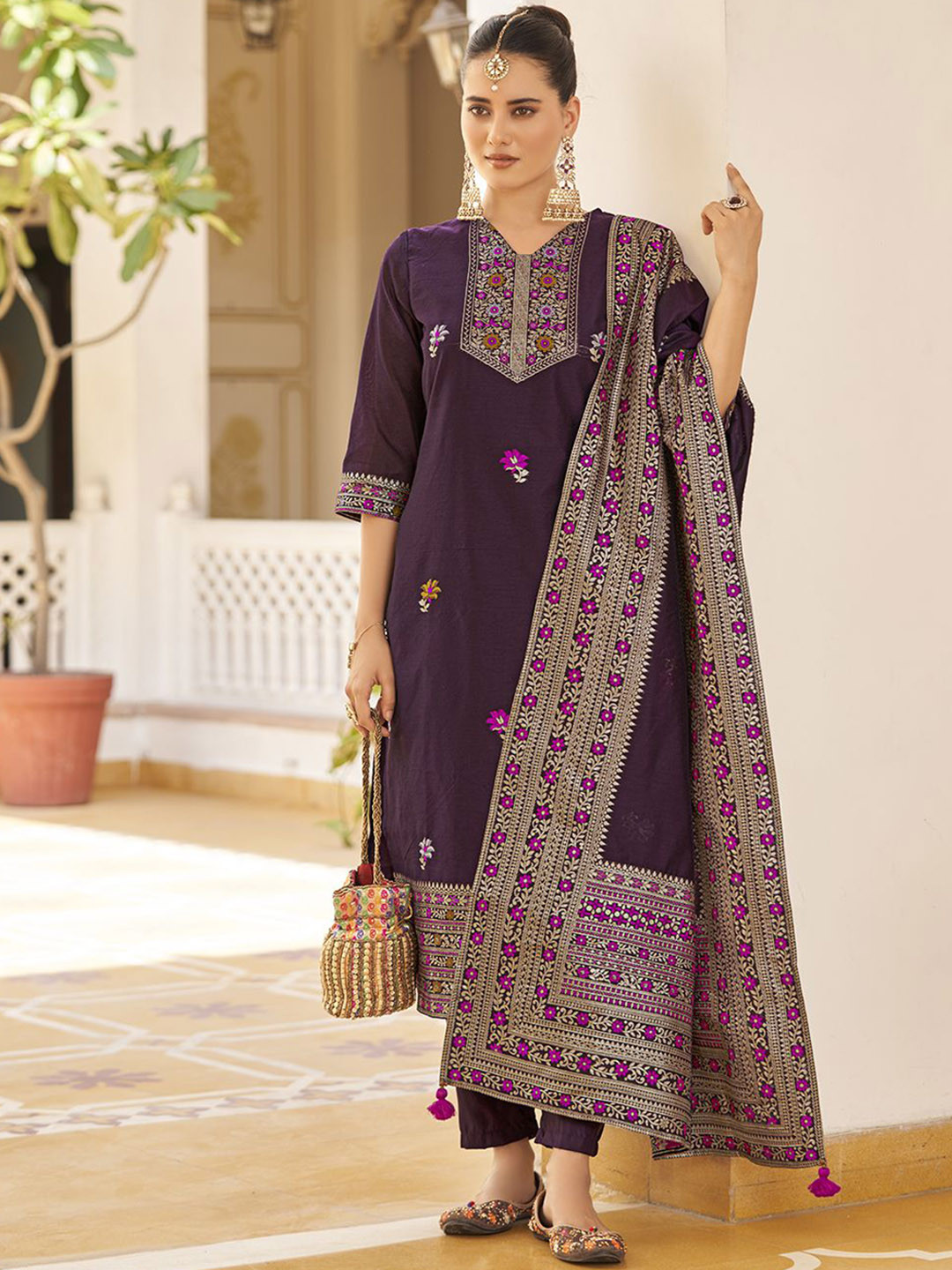 

KALINI Floral Woven Design Jacquard Straight Kurta with Trousers & Dupatta, Purple