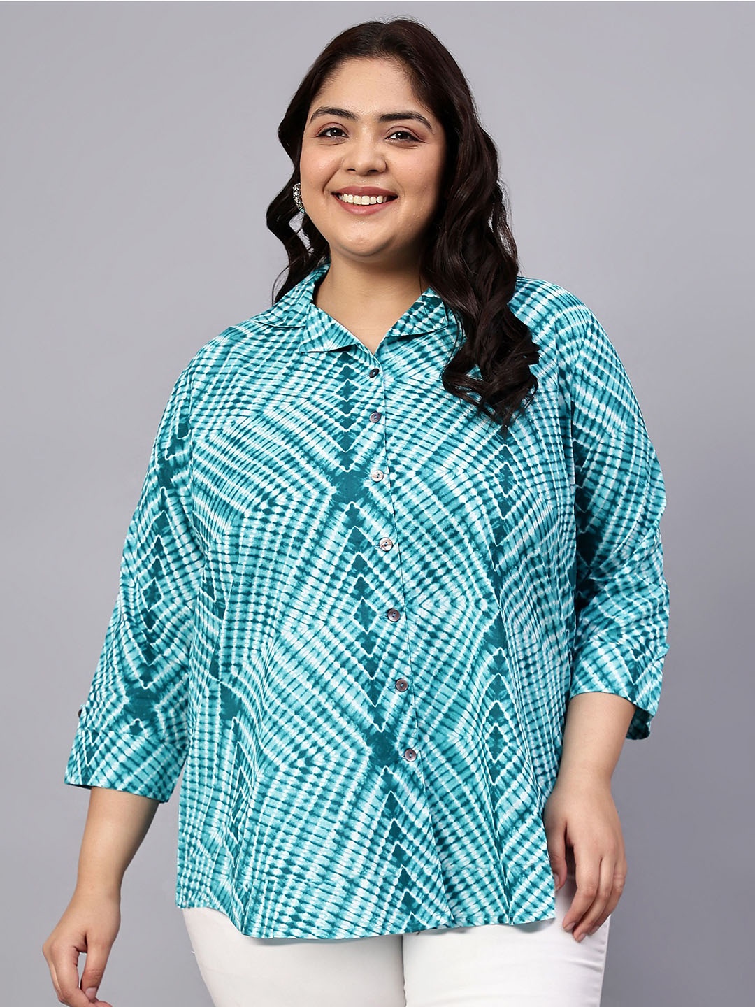 

Indietoga Women Plus Size Classic Cuban Collar Abstract Printed Cotton Casual Shirt, Blue