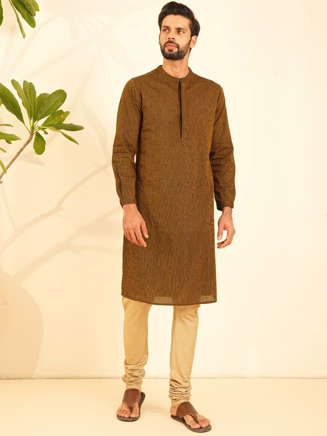 

JAYPORE Striped Woven Design Band Collar Long Sleeves Pure Cotton Kurta, Brown