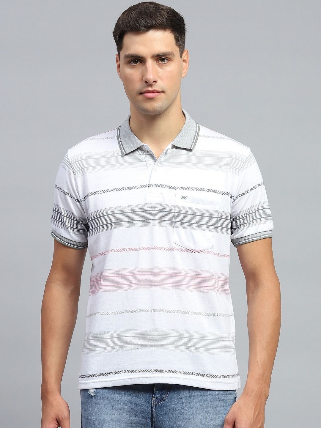 

Monte Carlo Men Striped Polo Collar Cotton T-shirt, White