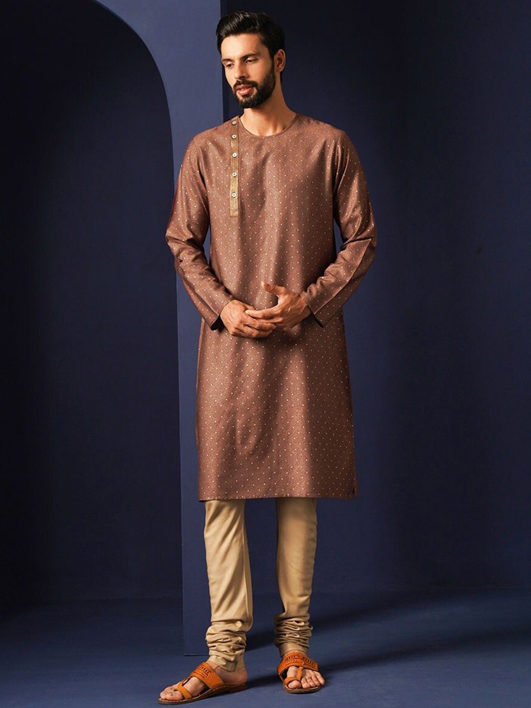 

JAYPORE Polka Dots Printed Round Neck Straight Kurta, Brown