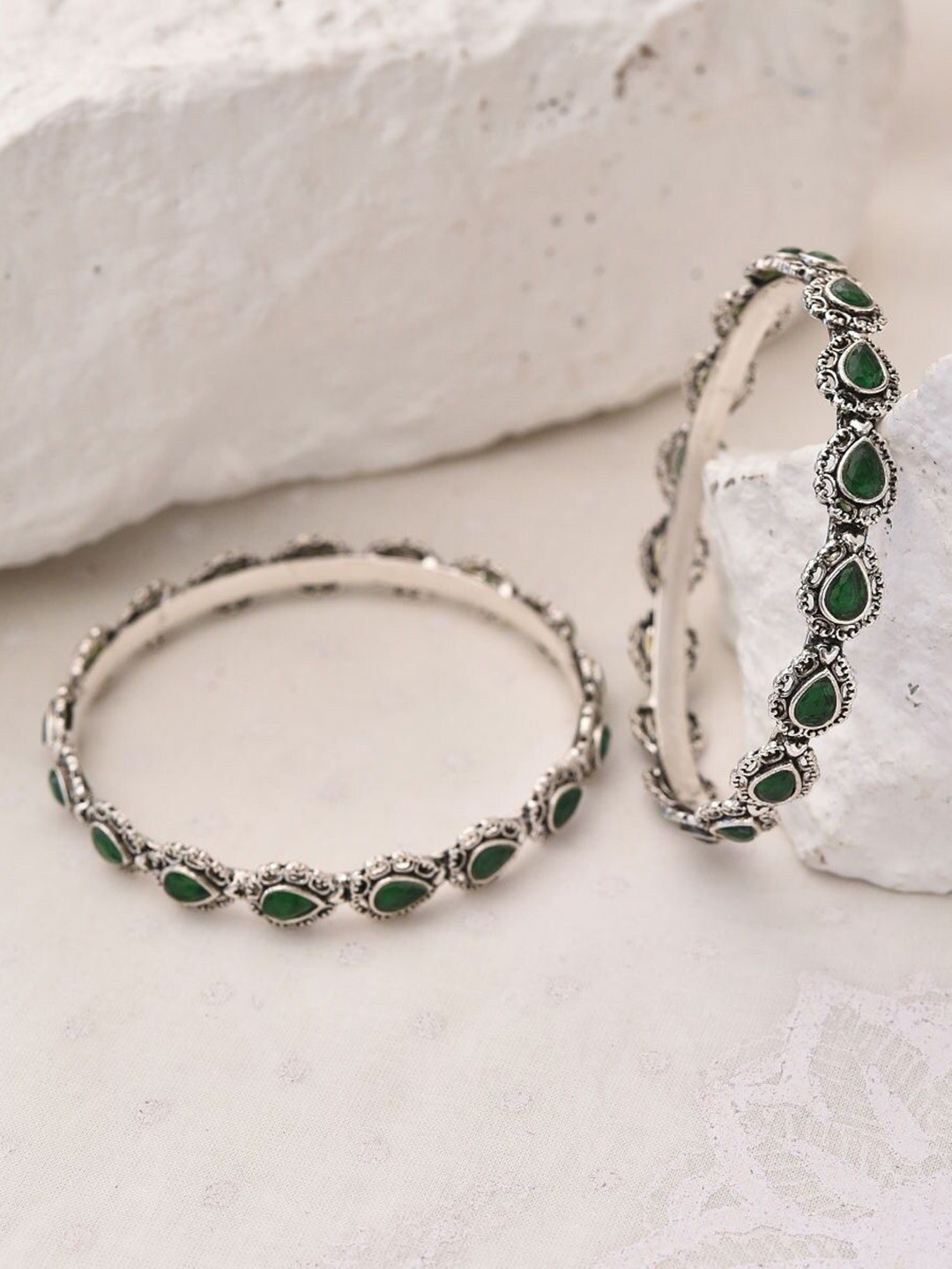 

JAYPORE Set of 2 Oxidized Stone-Studded Bangles, Silver