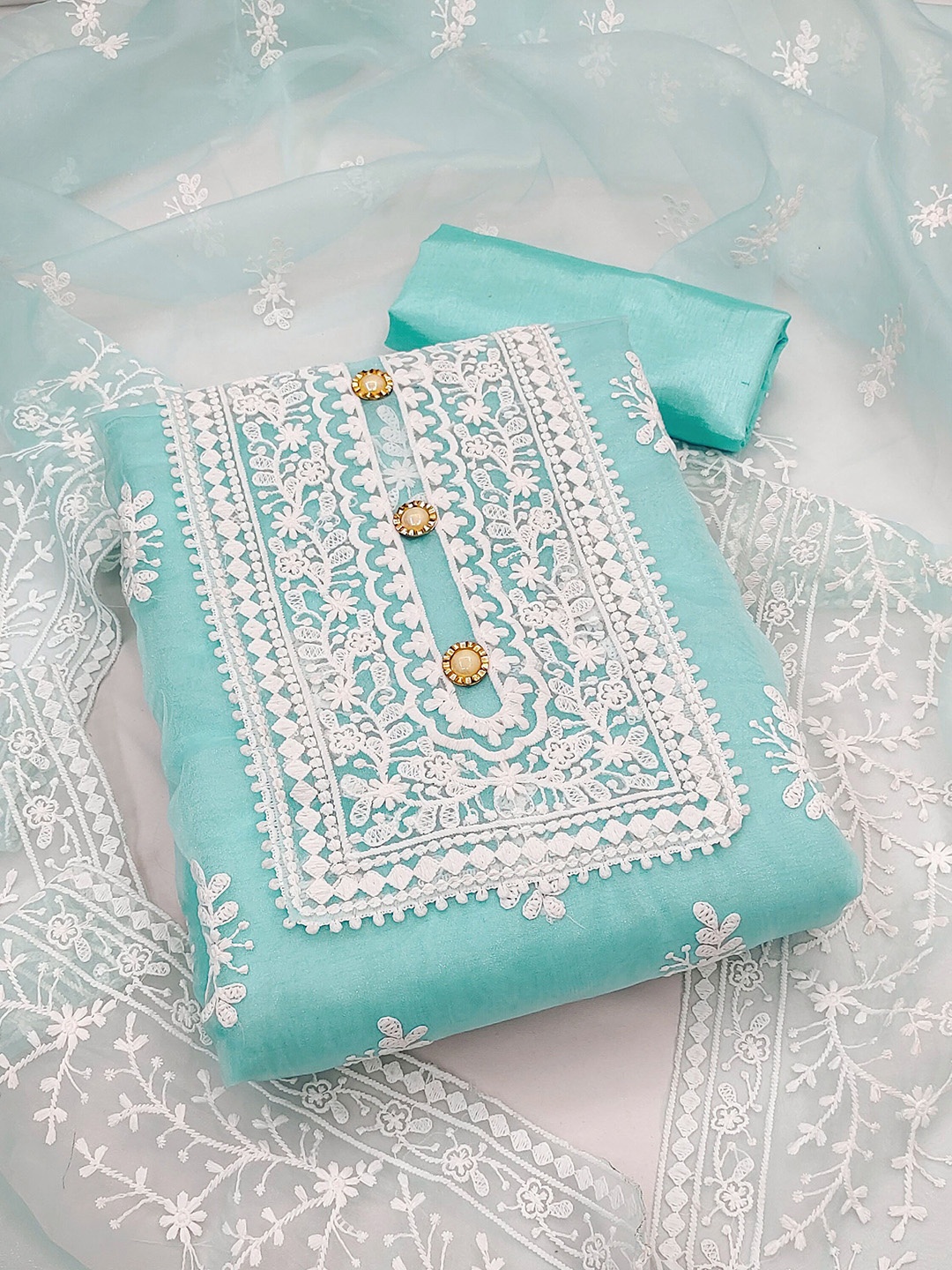 

Maroosh Floral Embroidered Organza Unstitched Dress Material, Sea green