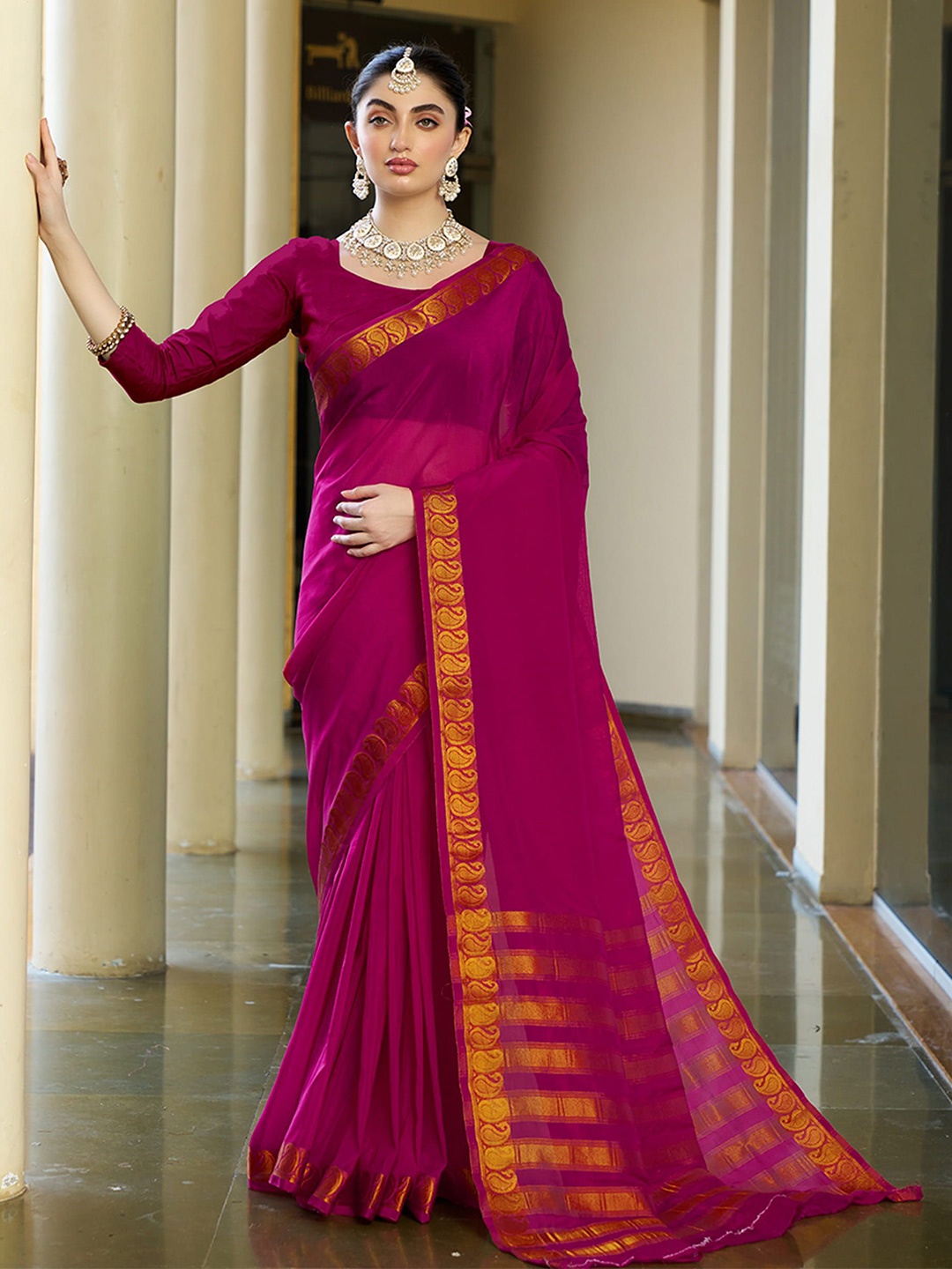 

KAYOMMI Zari Pure Crepe Banarasi Saree, Pink