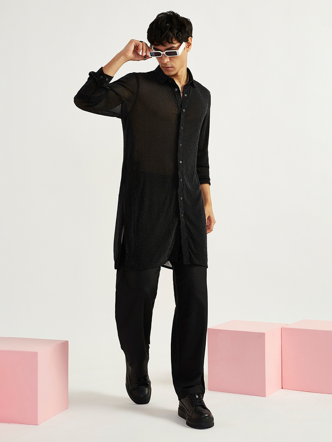 

VASTRAMAY Self Design Long Sleeves Shirt Collar Straight Kurta with Trousers, Black