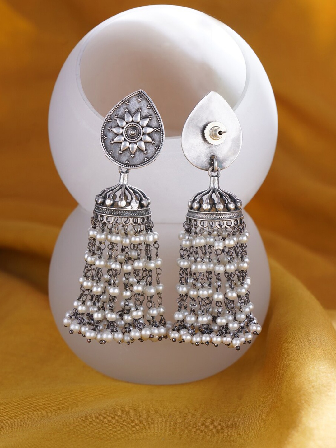 

JAYPORE Dome Shaped Pearls Beaded Jhumkas, Silver