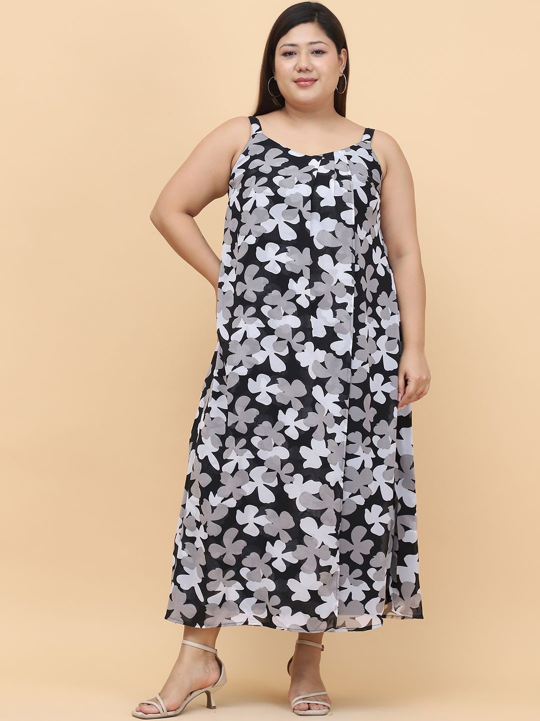 

theRebelinme Floral Print Georgette A-Line Midi Dress, Black