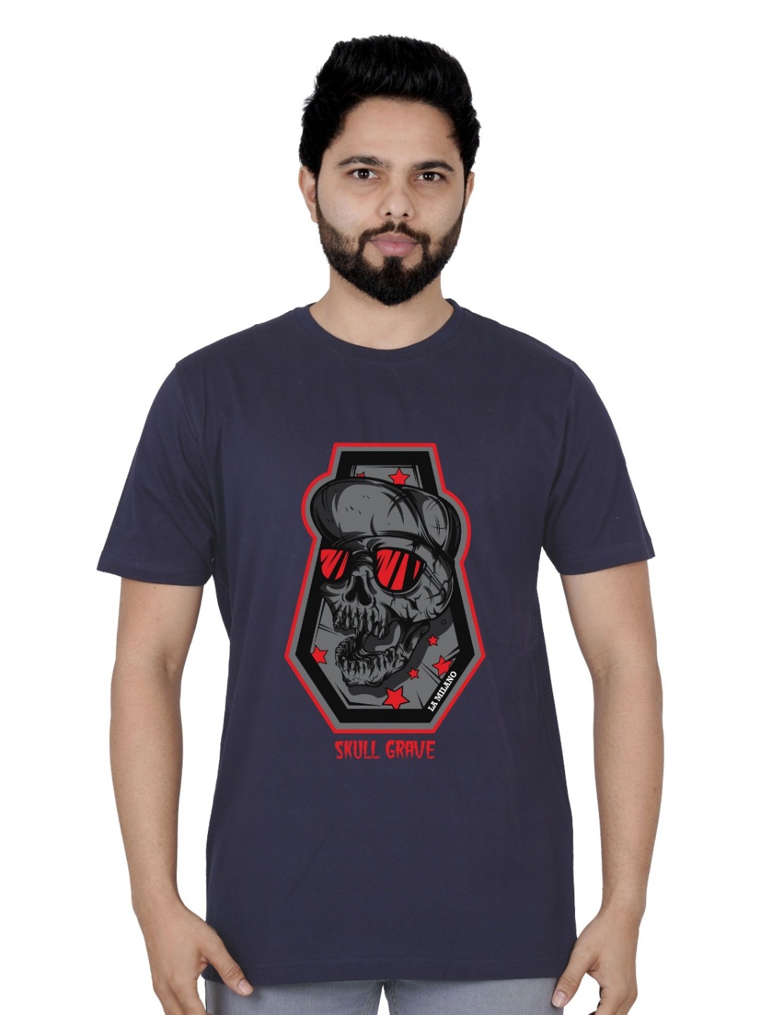 

LA MILANO Men Graphic Printed Round Neck Pure Cotton Slim Fit T-shirt, Navy blue