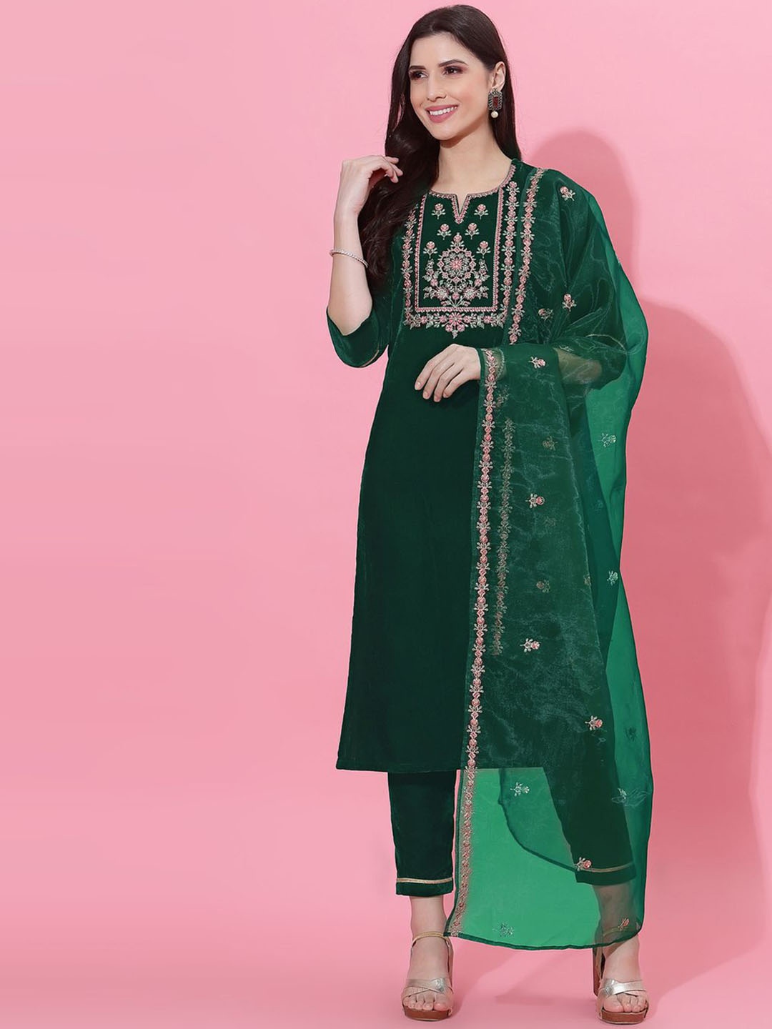

KALINI Ethnic Motifs Embroidered Velvet Straight Kurta With Trousers & Dupatta, Green