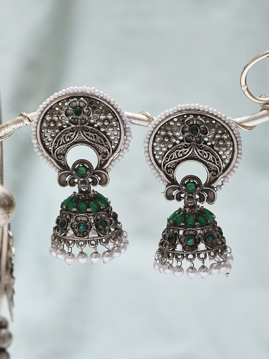 

JAYPORE Silver-Plated Oxidised Contemporary Drop Earrings